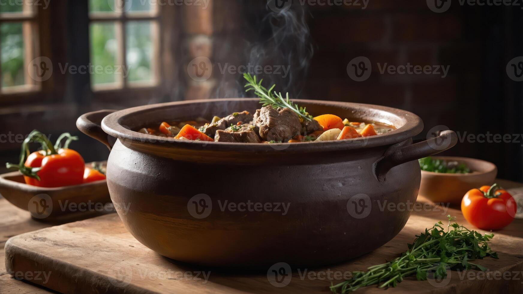 A steaming pot of stew with vegetables, herbs, and a rustic setting. photo
