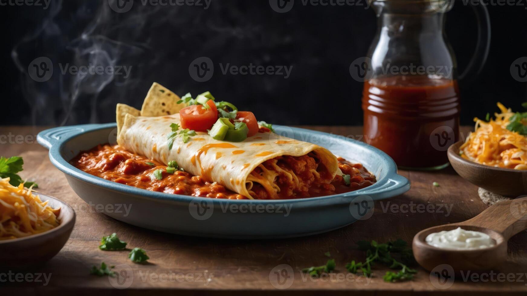 A delicious plate of enchiladas topped with garnishes and served with sides. photo