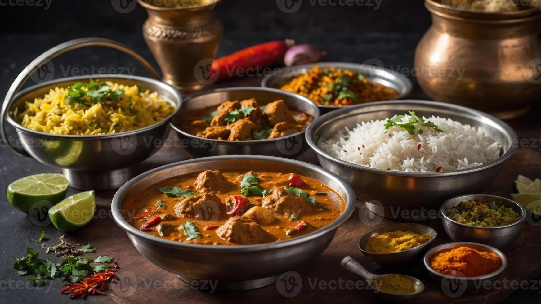 A vibrant display of Indian cuisine featuring various dishes and rice. photo