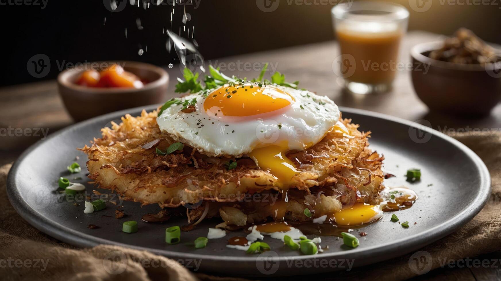A delicious plate featuring a crispy hash brown topped with a sunny-side-up egg. photo