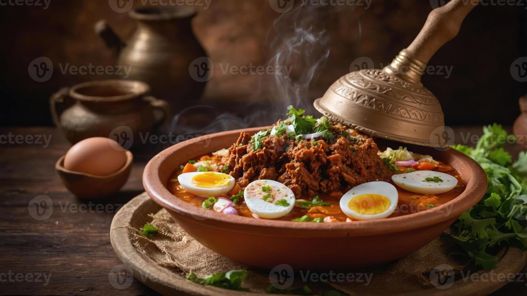 A steaming bowl of flavorful meat curry topped with eggs and herbs, served in a rustic setting. photo