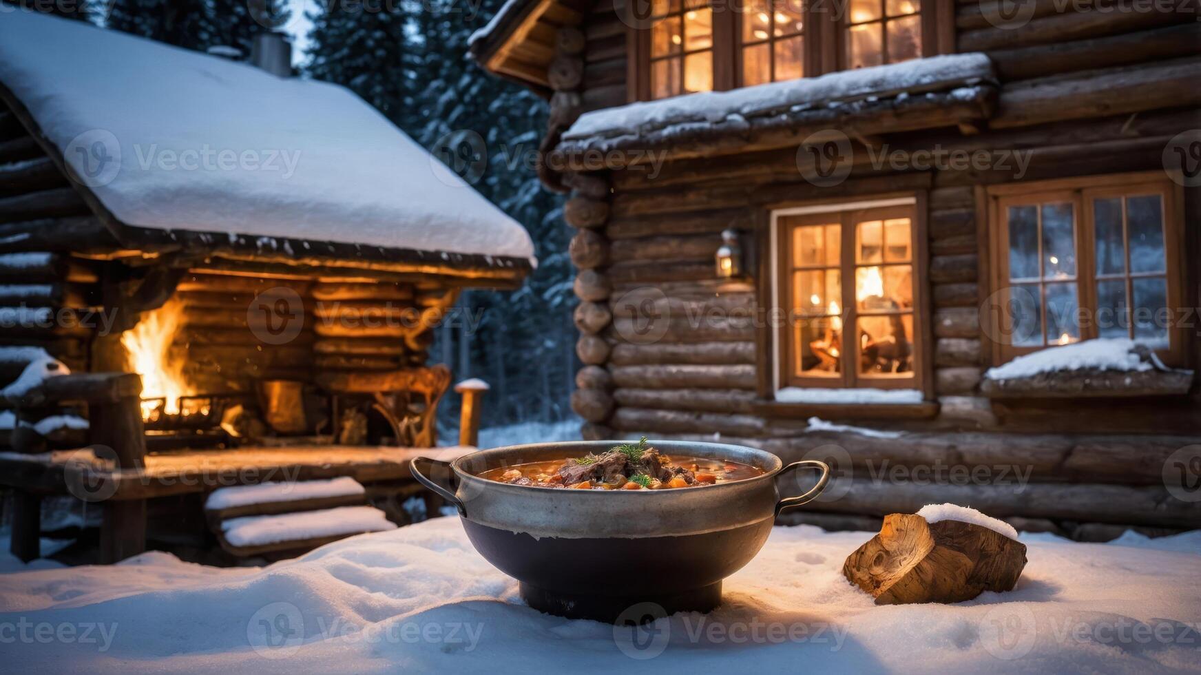 A cozy winter scene featuring a pot of stew outside a log cabin in a snowy landscape. photo