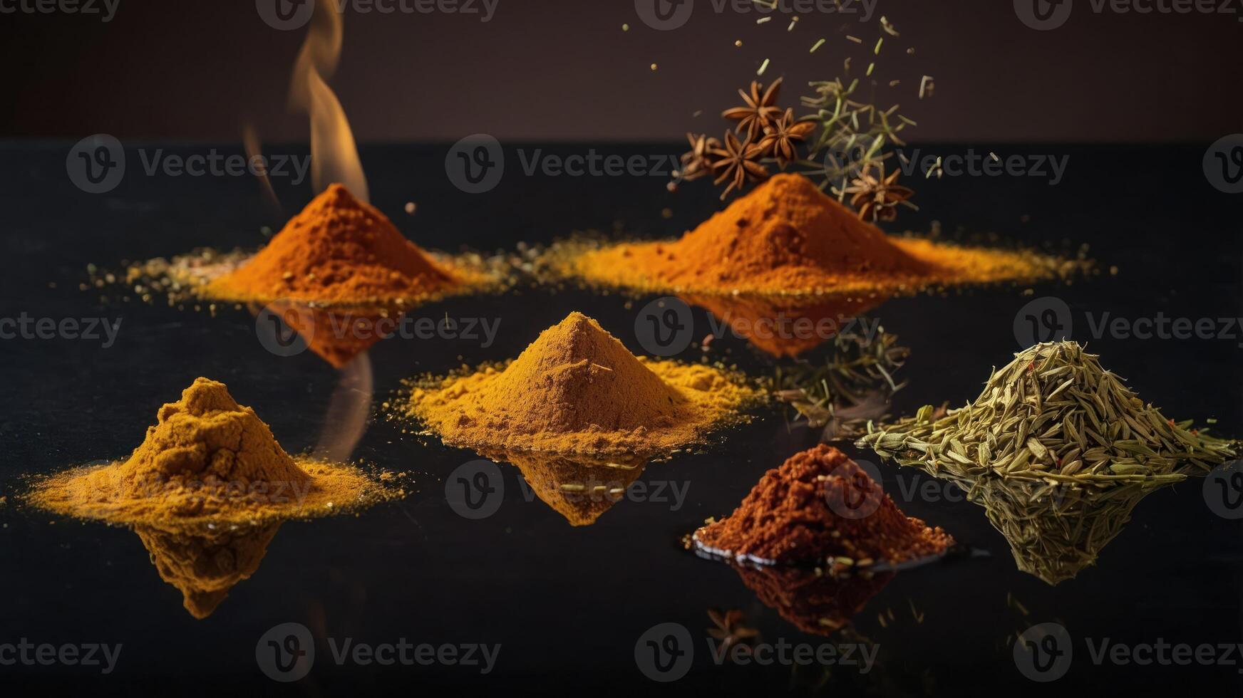 A vibrant display of various spices in mounds, showcasing their colors and textures. photo