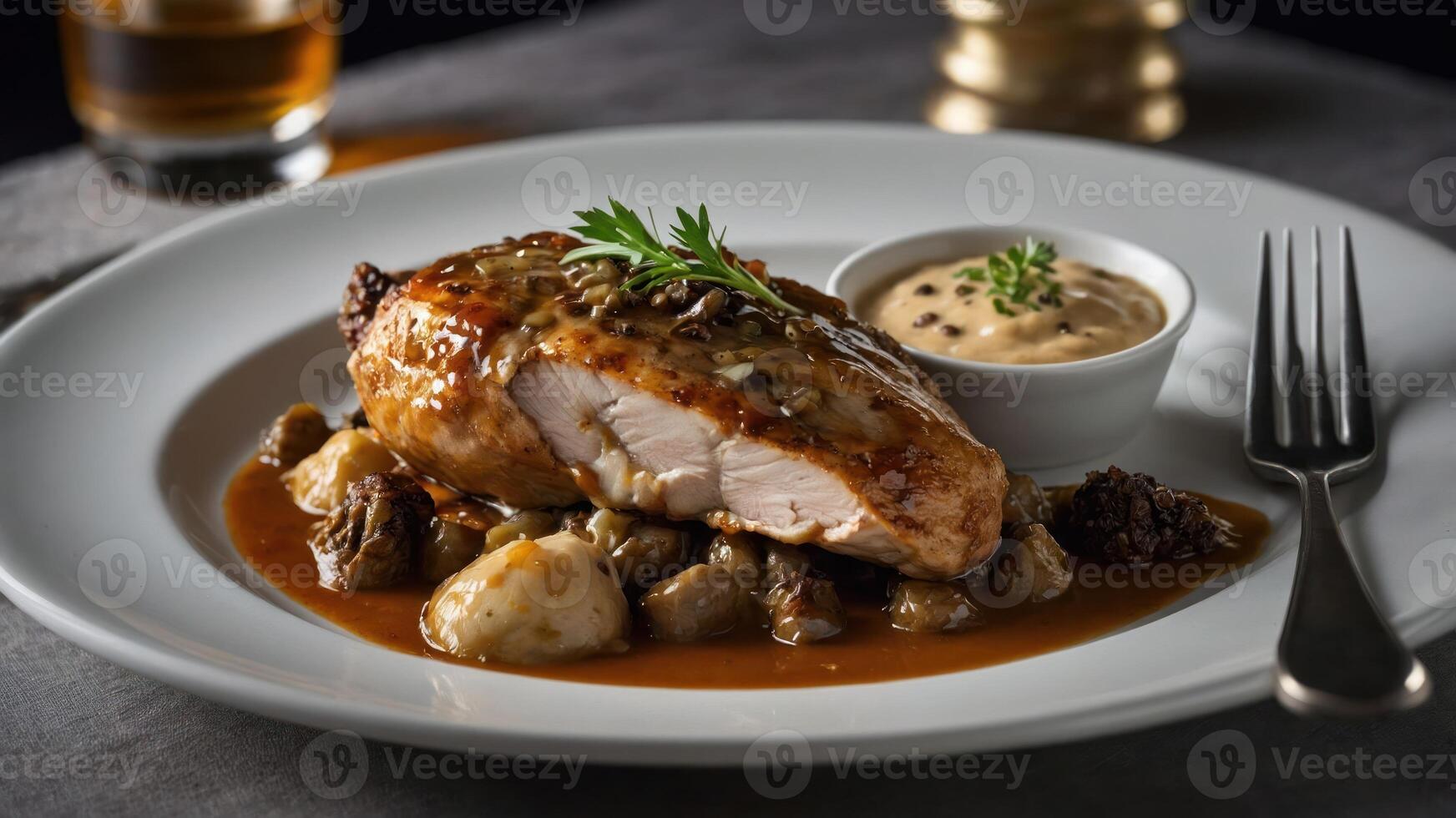 A plated dish featuring chicken with sauce, vegetables, and a side of dipping sauce. photo