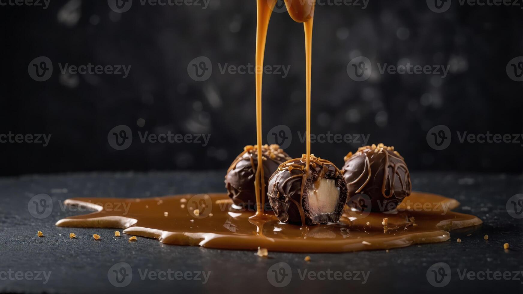 Three chocolate-covered truffles with caramel sauce drizzling over them on a dark surface. photo