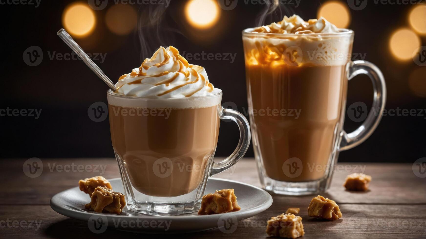 Two steaming coffee drinks topped with whipped cream and caramel, served on a wooden table. photo