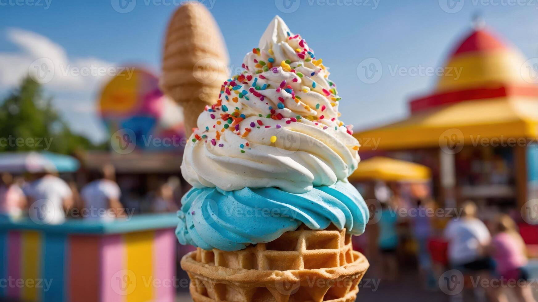 A colorful ice cream cone topped with sprinkles against a vibrant amusement park backdrop. photo