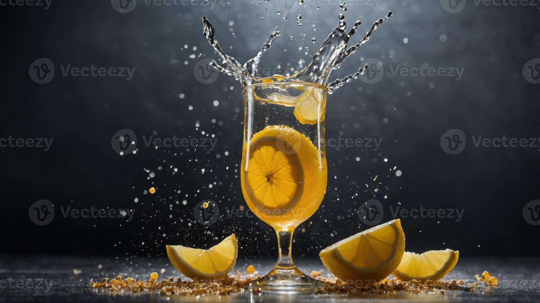 A refreshing beverage splashes in a glass, surrounded by lemon slices. photo