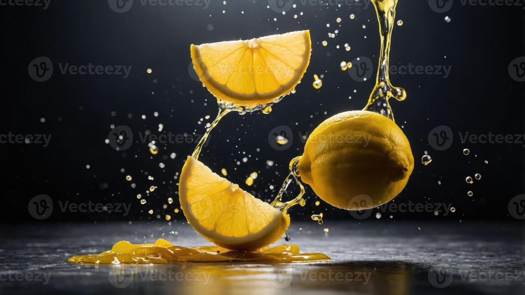 A dynamic image of lemon slices and juice splashing against a dark background. photo