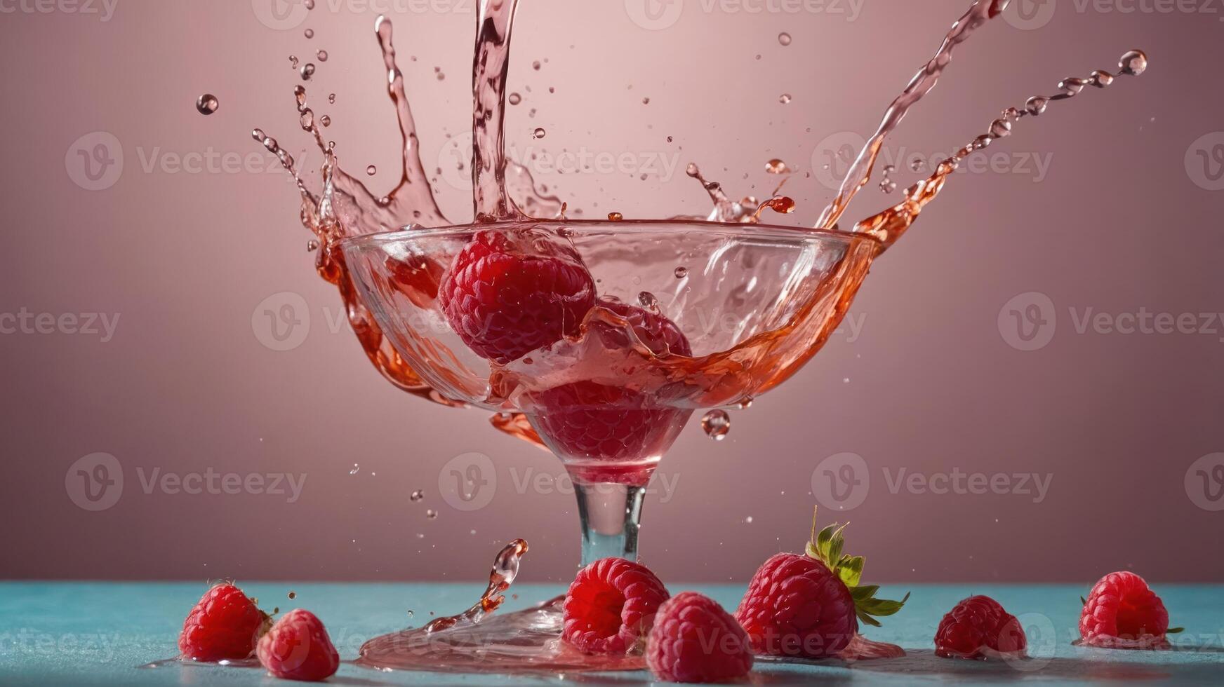A bowl of raspberries splashes in liquid, showcasing vibrant colors and dynamic motion. photo