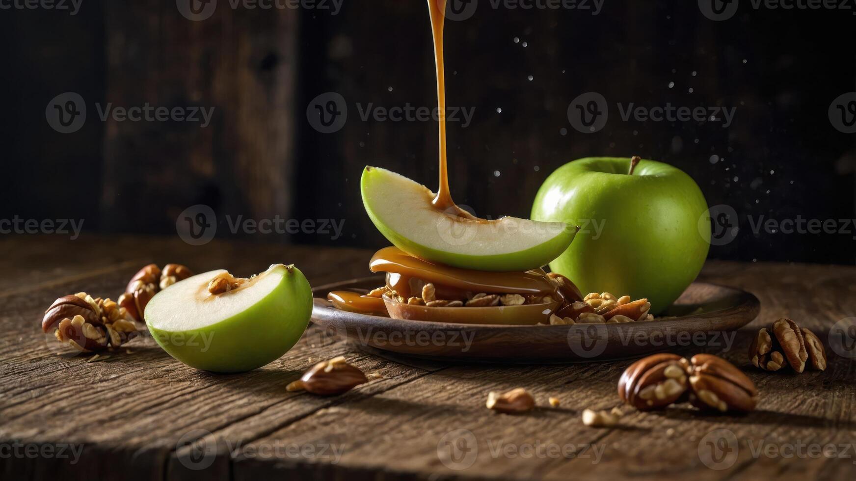 Fresh green apples with caramel and nuts on a rustic wooden table. photo