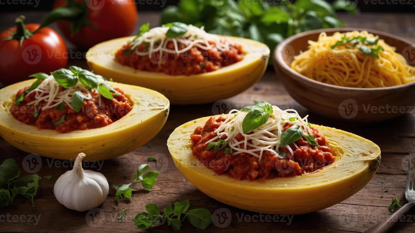 Spaghetti squash filled with tomato sauce and cheese, served with pasta on a wooden table. photo