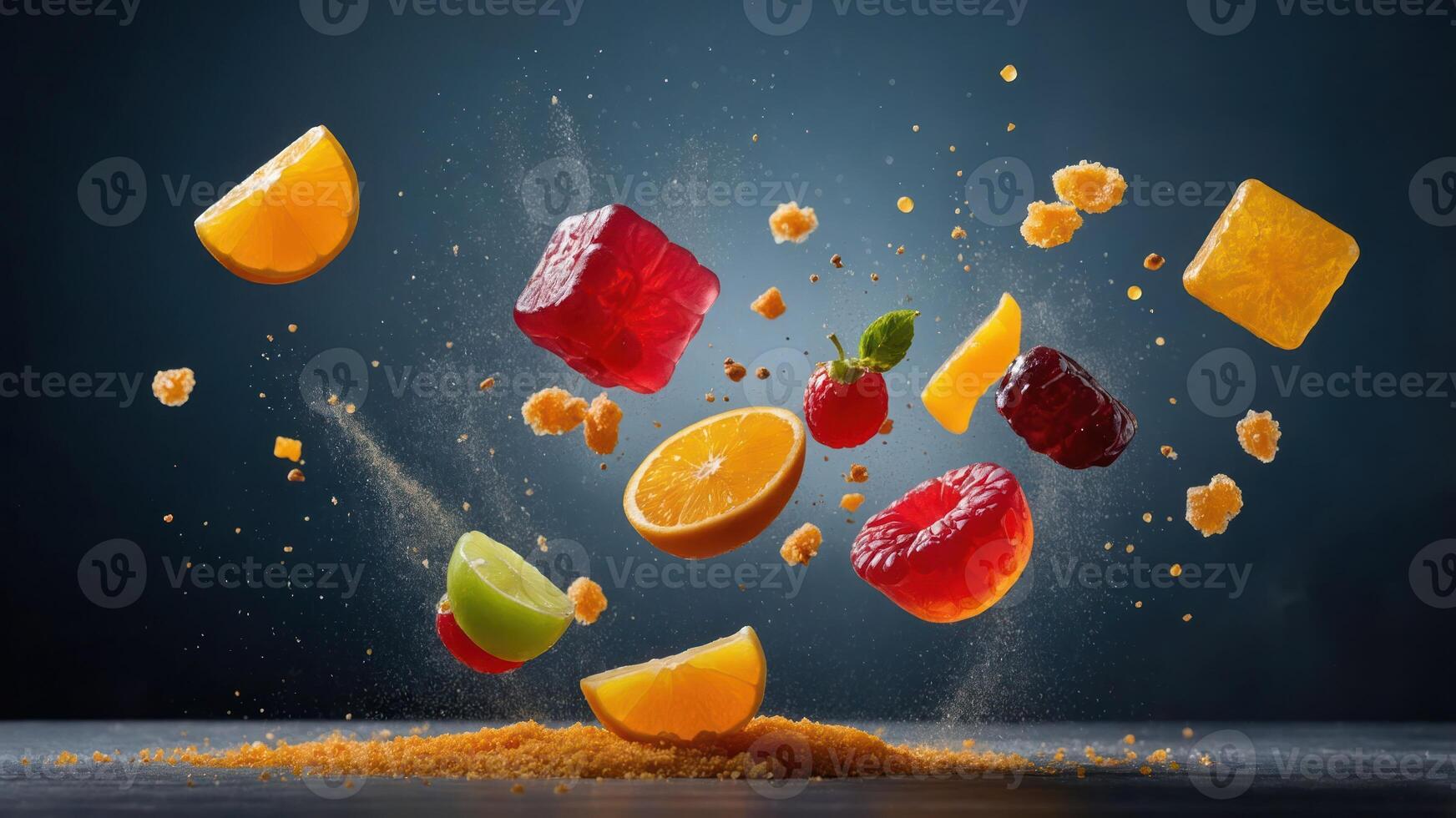 A vibrant display of assorted fruits and candies in mid-air, showcasing color and texture. photo