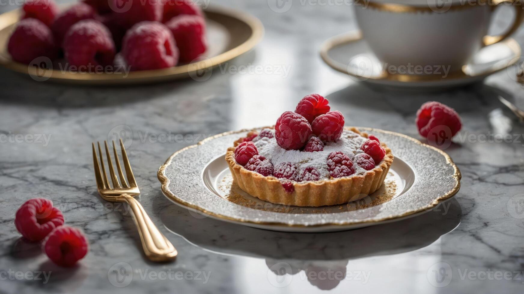 A beautifully plated raspberry tart garnished with powdered sugar, set on a marble table. photo