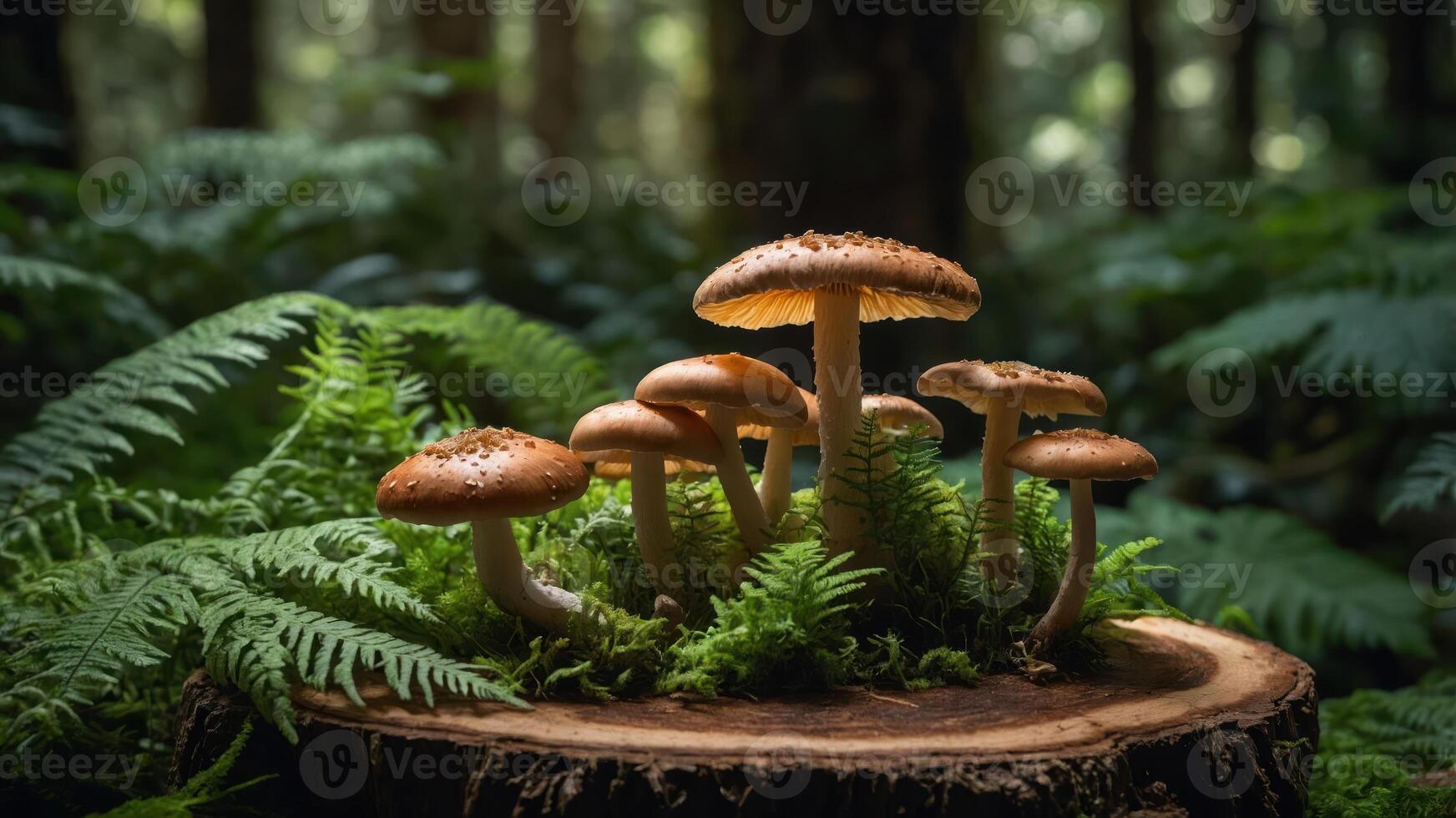 A serene forest scene featuring mushrooms growing on a tree stump surrounded by ferns. photo