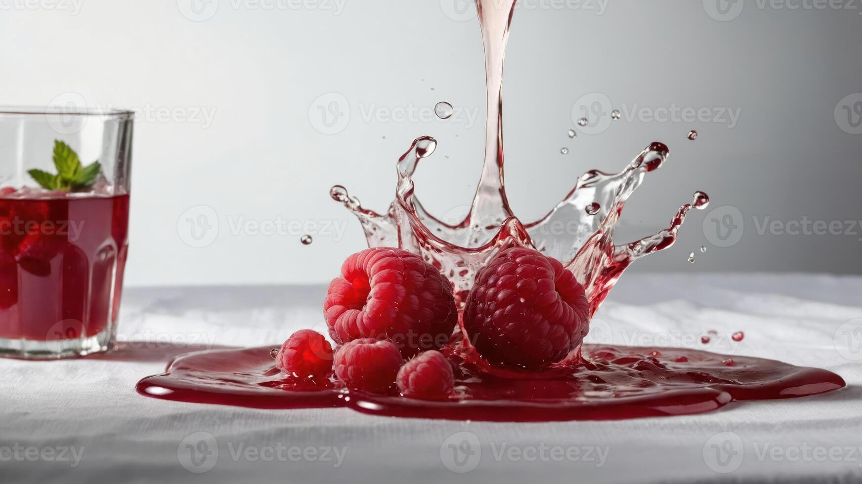 A splash of raspberry juice with fresh raspberries, showcasing vibrant colors and textures. photo