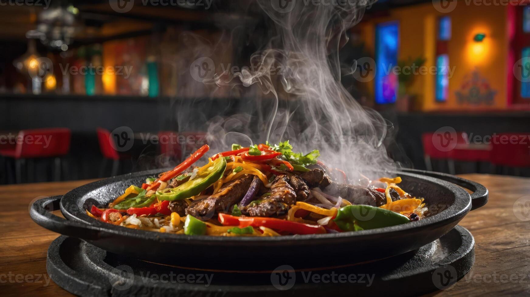 A sizzling platter of fajitas with colorful vegetables and steam rising, served in a restaurant. photo