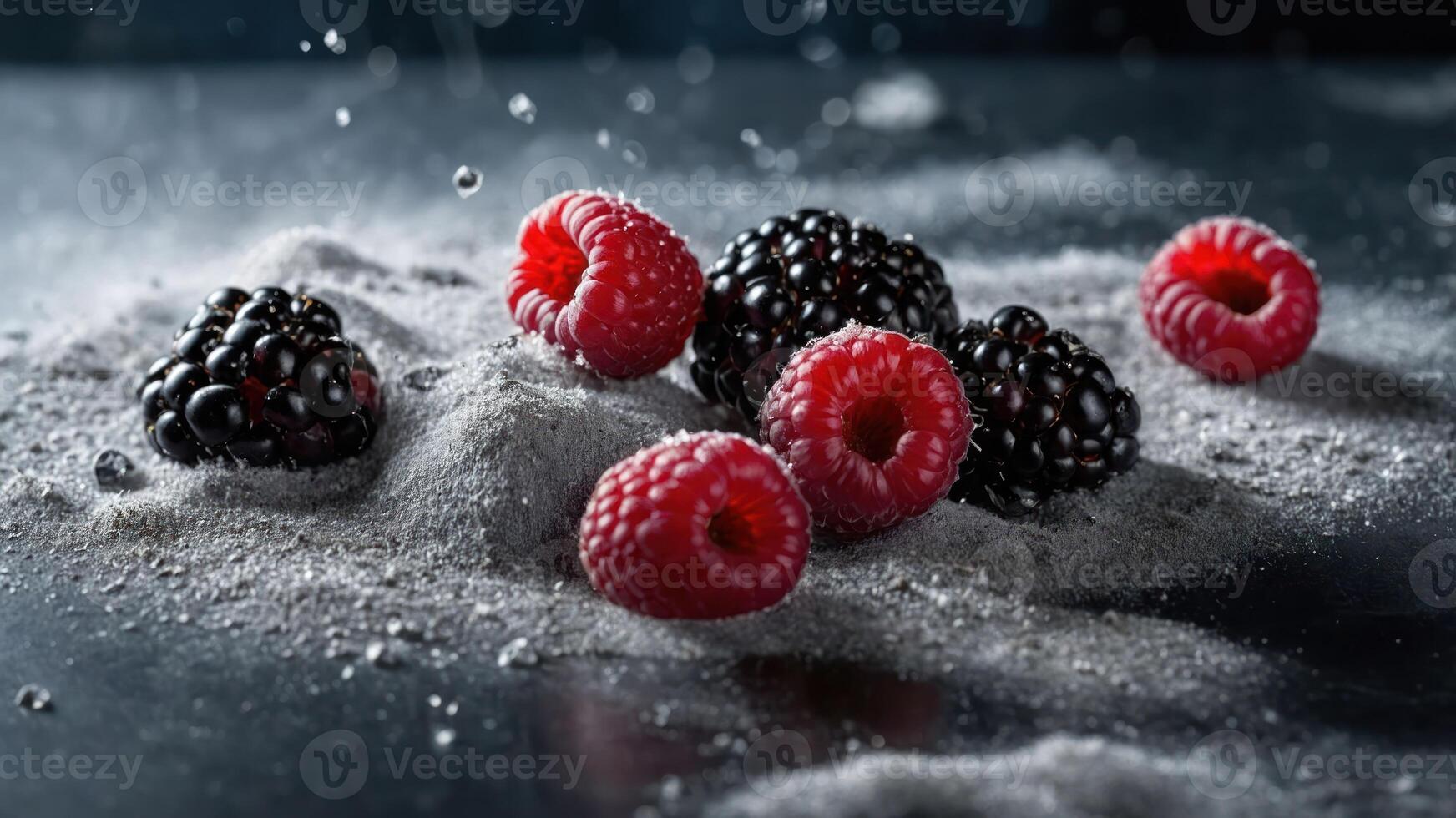 A close-up of raspberries and blackberries on a textured surface with scattered powder. photo