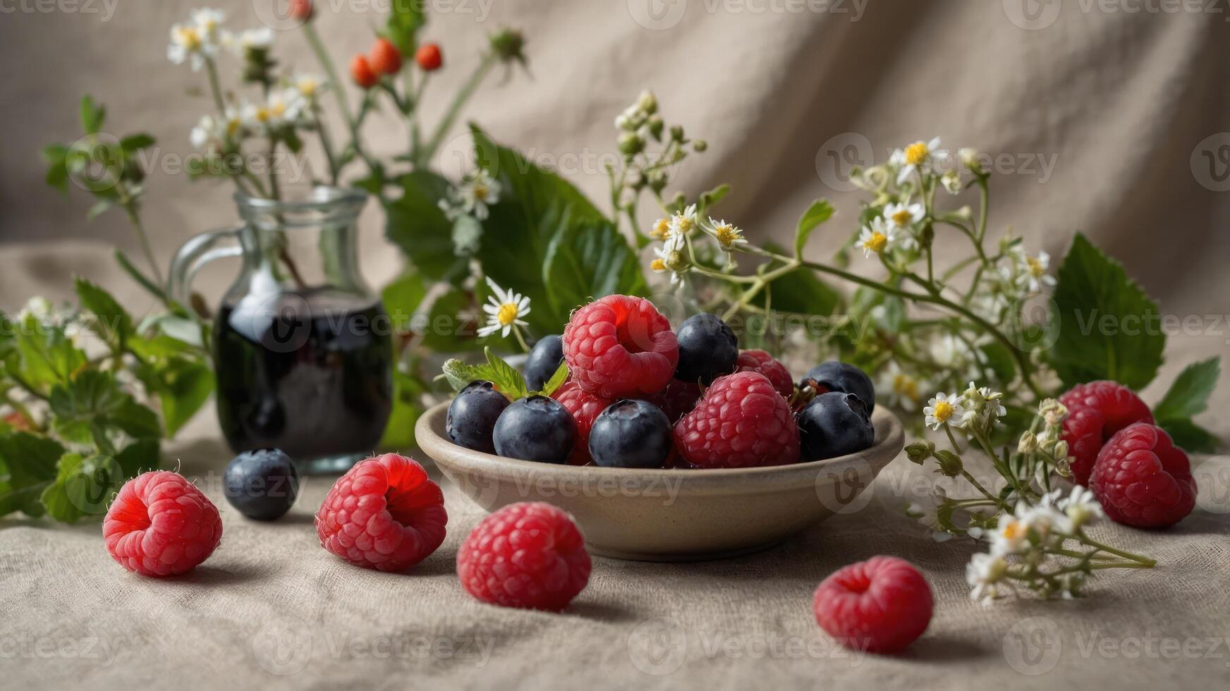 A bowl of fresh raspberries and blueberries with flowers and a glass jar on a textured surface. photo
