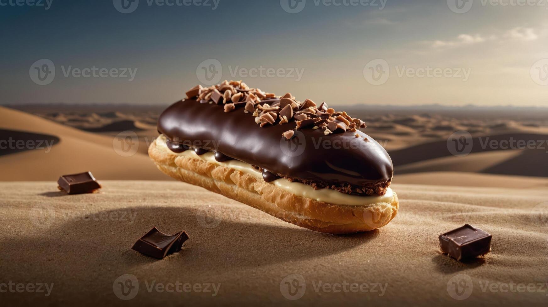 A chocolate-covered eclair resting on sandy terrain, highlighting indulgence in a unique setting. photo