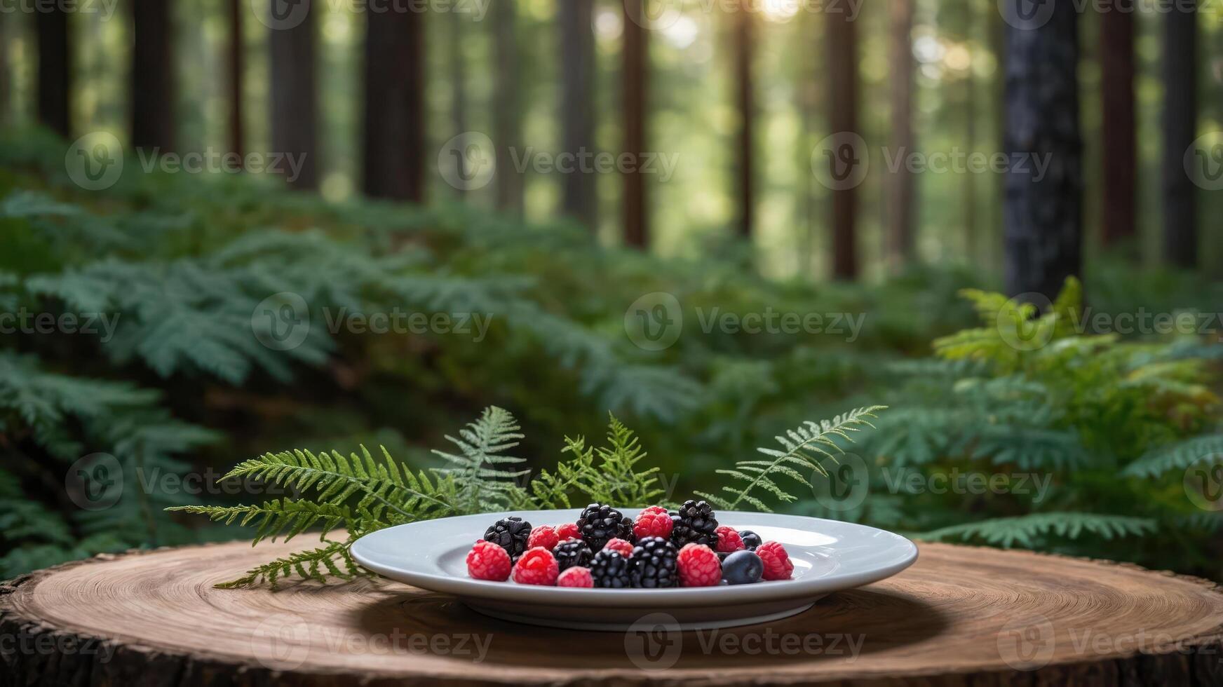 A plate of mixed berries on a wooden surface in a serene forest setting. photo