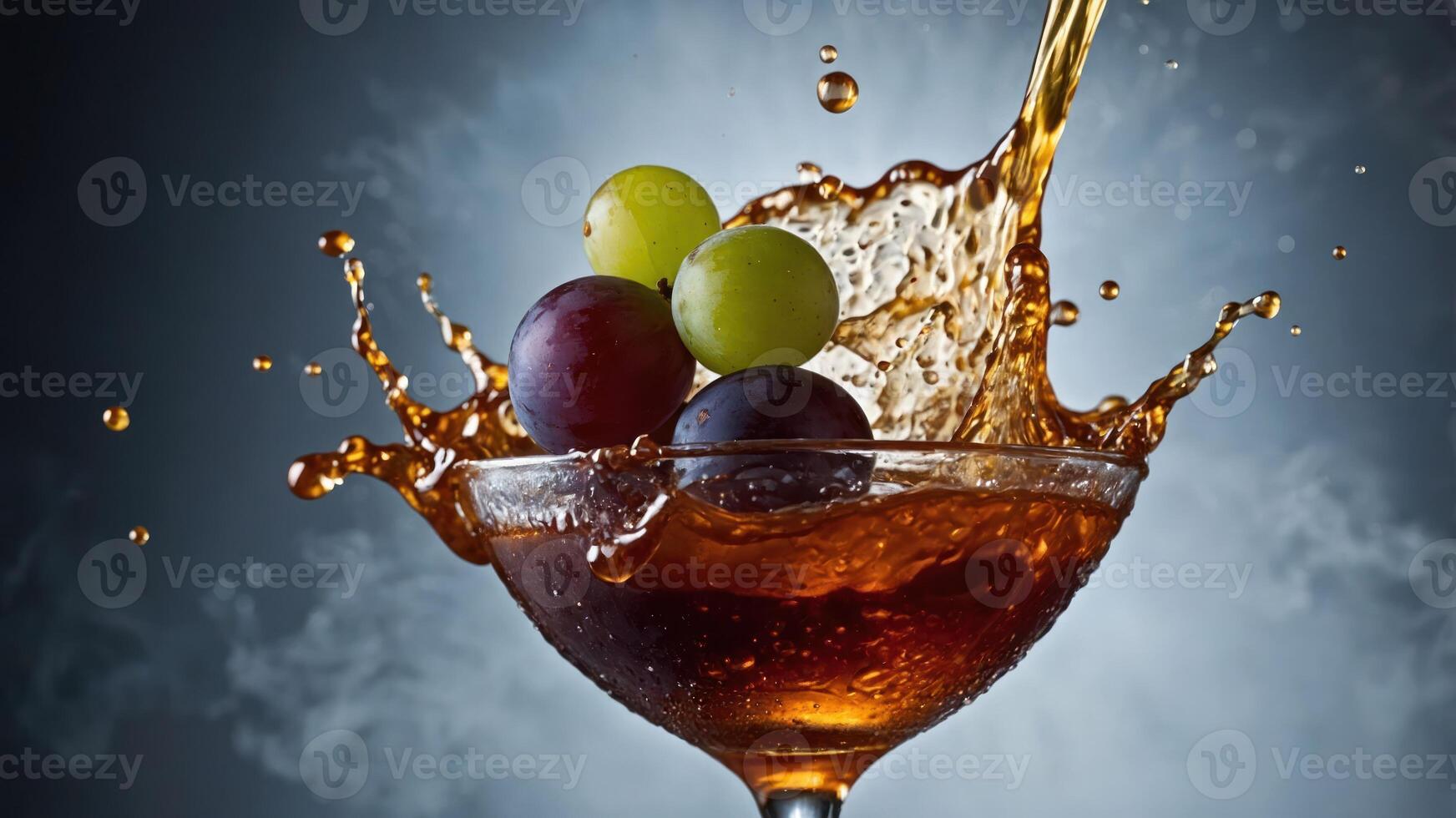A dynamic splash of beverage with grapes in a glass, showcasing motion and refreshment. photo