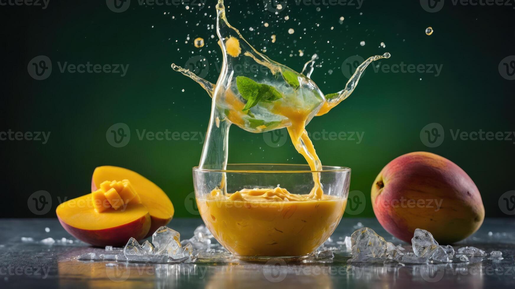 A vibrant splash of mango juice in a bowl, surrounded by fresh mangoes and ice. photo