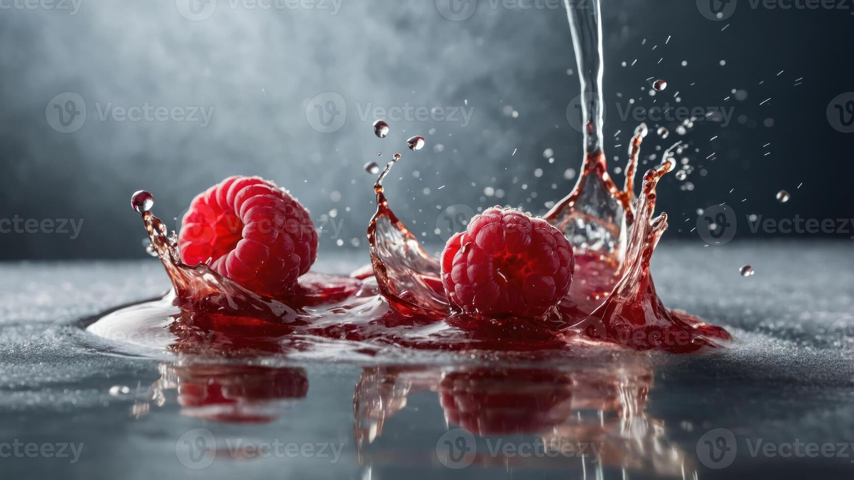 Raspberries splashing in water, creating a dynamic and refreshing visual effect. photo