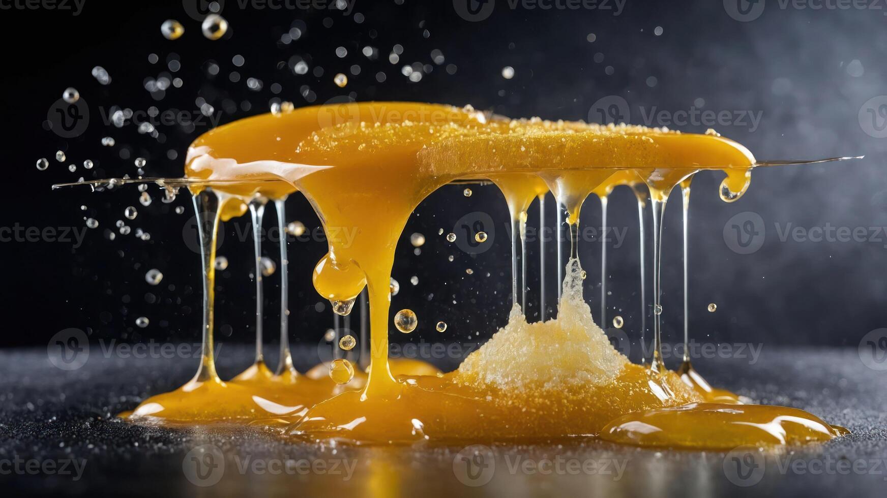 A close-up of dripping, glossy honey or syrup on a dark background, showcasing texture and flow. photo