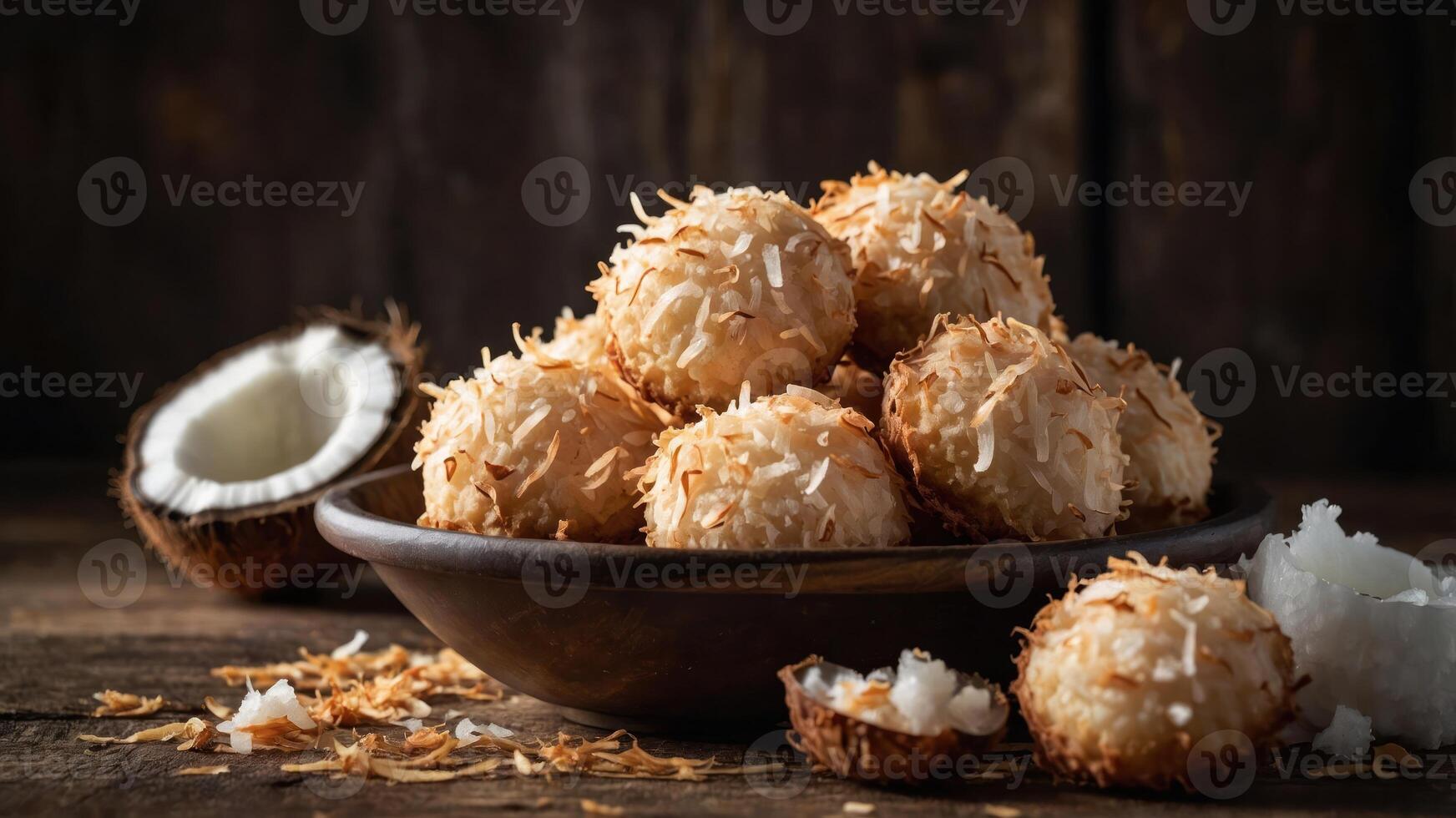 A bowl of toasted coconut macaroons with fresh coconut pieces on a rustic wooden table. photo
