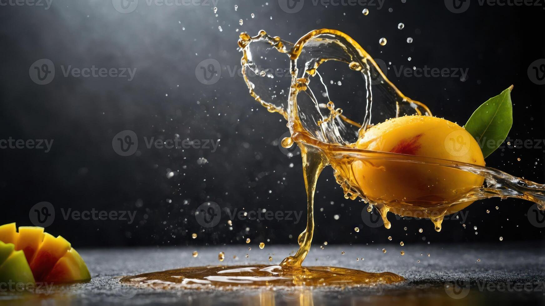 A splash of juice with a peach and mango slice, capturing freshness and vibrancy. photo
