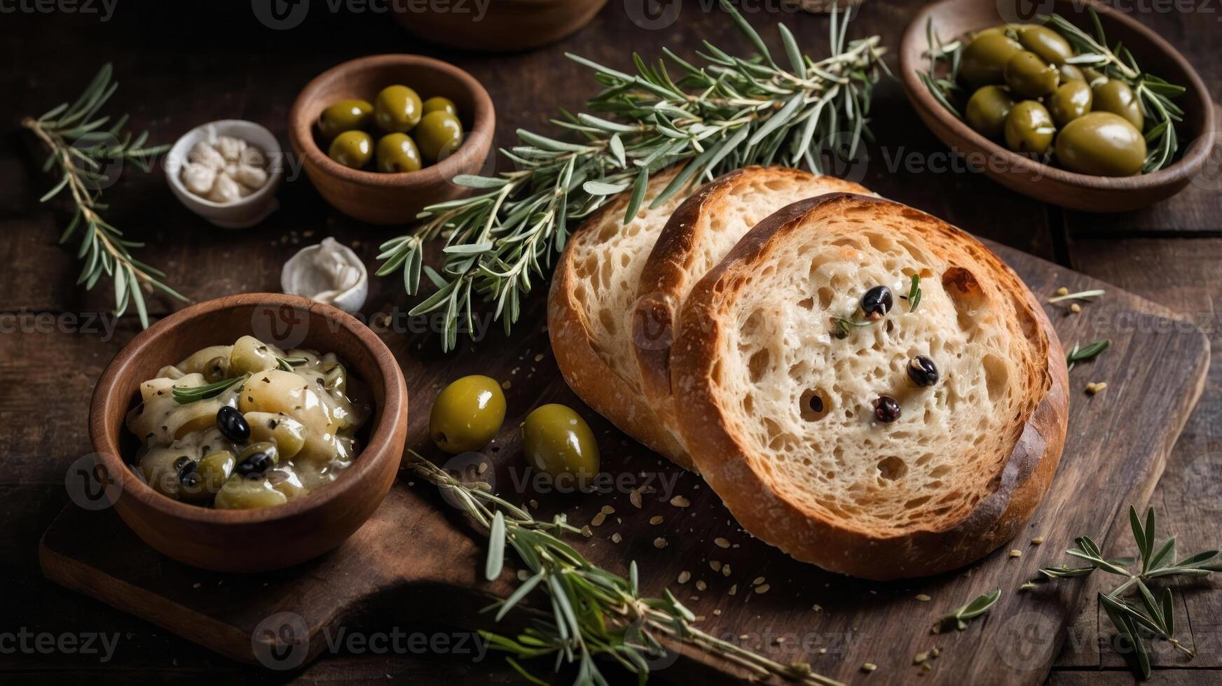 A rustic spread featuring toasted bread, olives, and herbs on a wooden board. photo