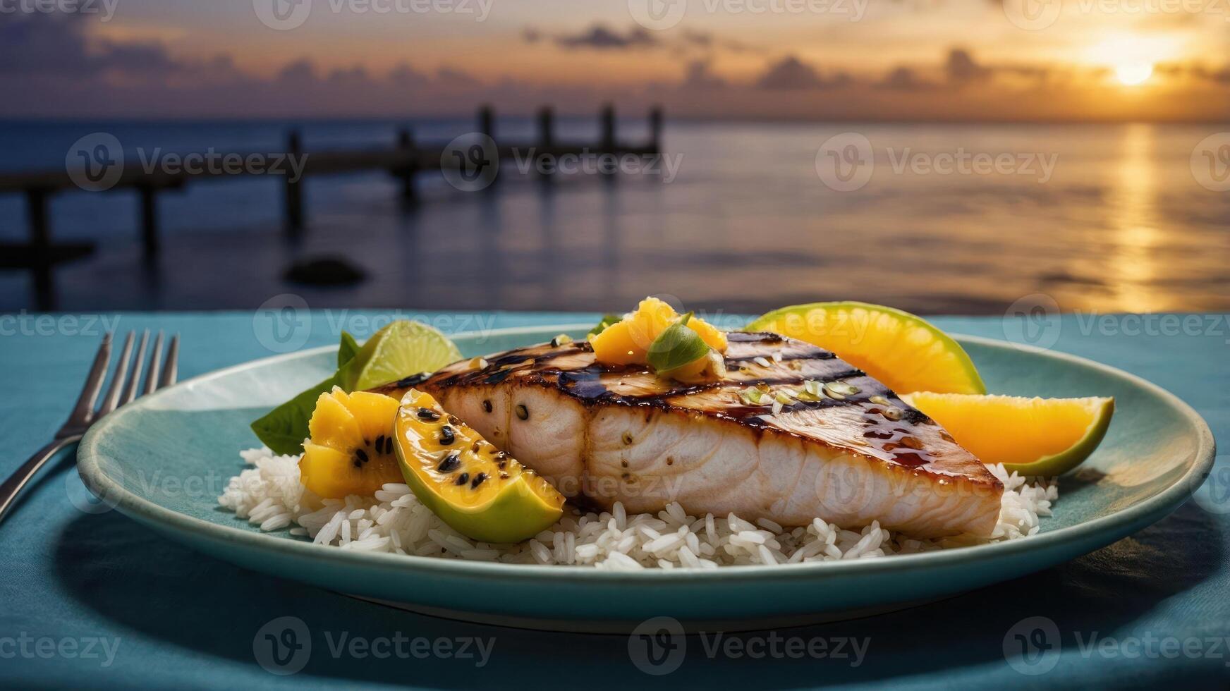 A beautifully plated grilled salmon dish on rice with tropical fruits, set against a sunset backdrop. photo