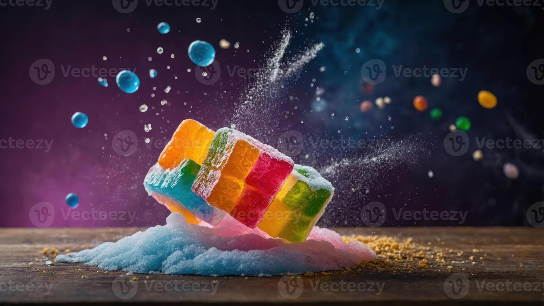 A colorful candy block splashes into powdered sugar with bubbles and vibrant candies around it. photo