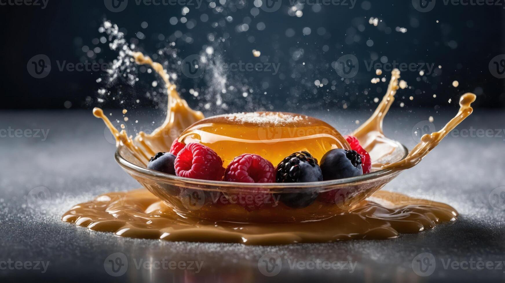 A vibrant dessert with berries and a caramel-like sauce, creating a splash effect. photo