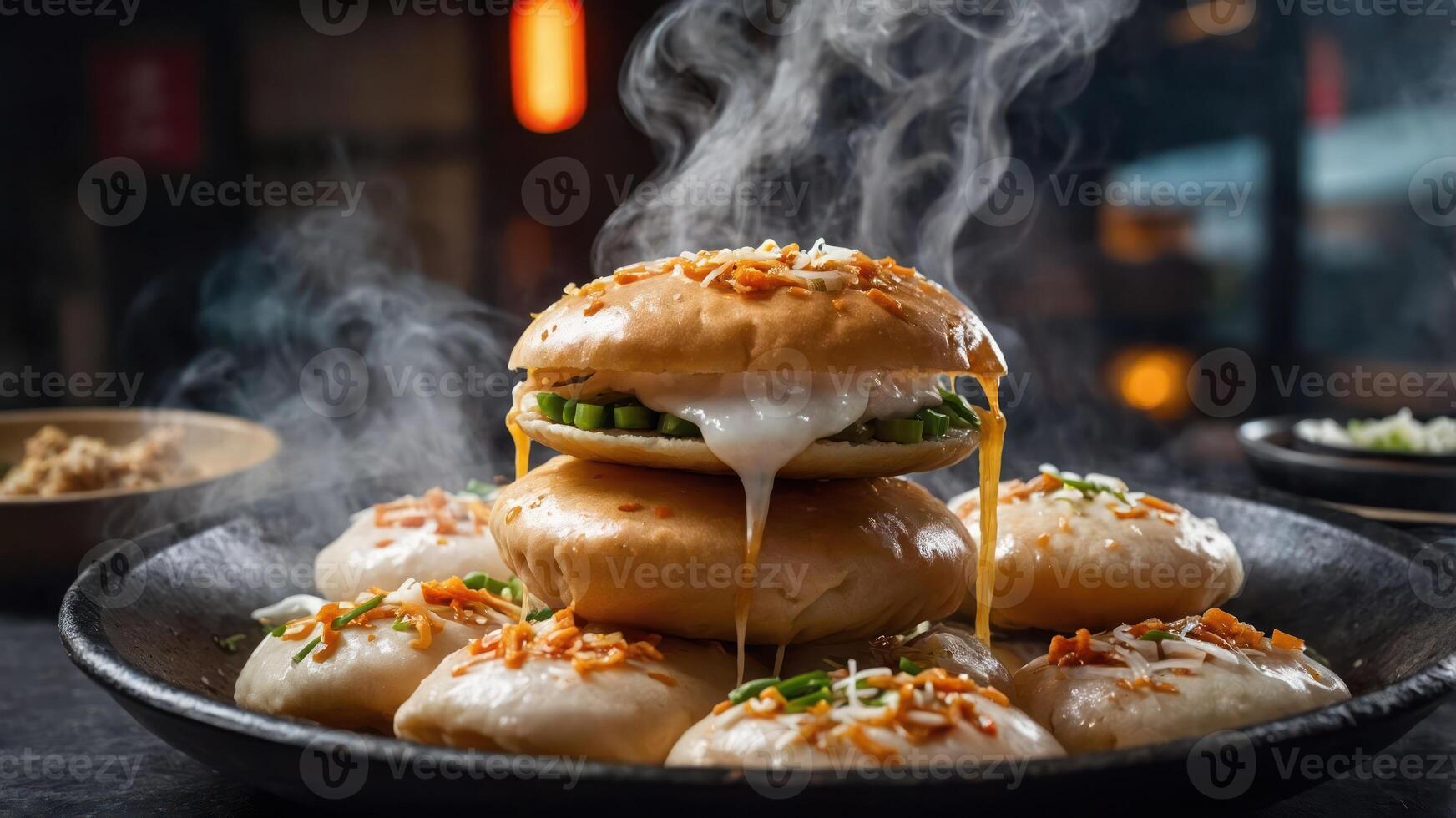 A delicious platter of steamed buns with melted cheese and toppings, evoking culinary delight. photo