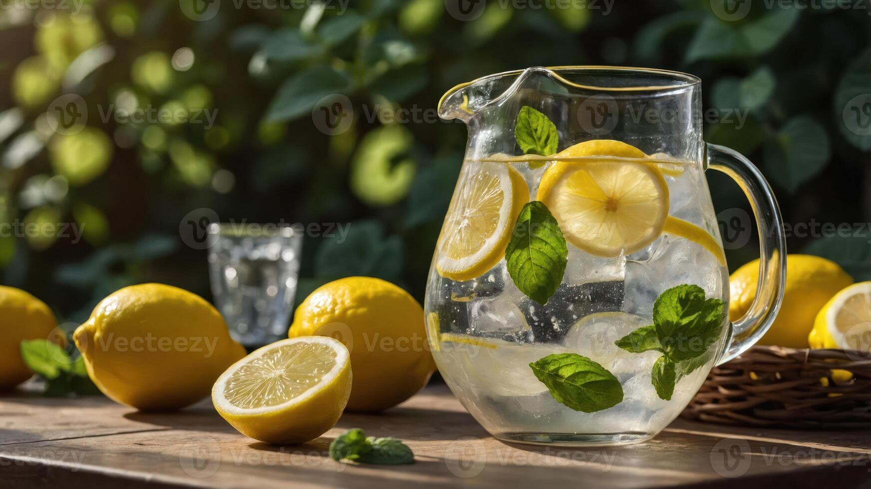 A refreshing pitcher of lemonade with mint and lemons, set on a wooden table outdoors. photo