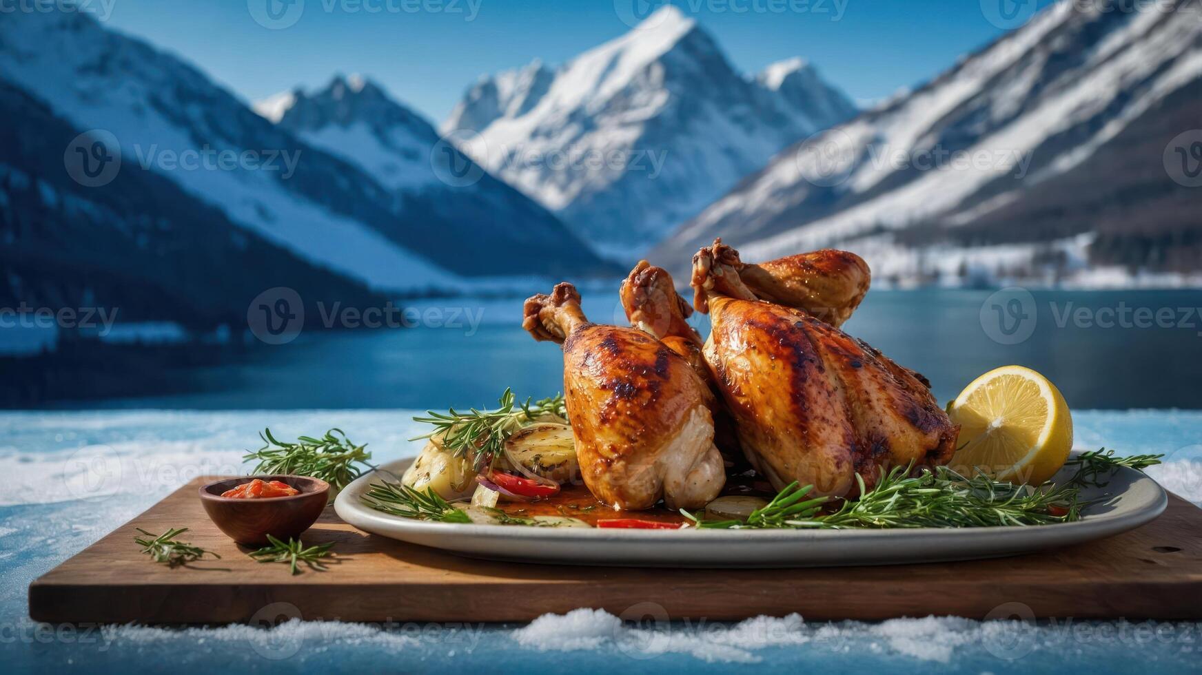 A beautifully presented roasted chicken dish set against a stunning mountain lake backdrop. photo