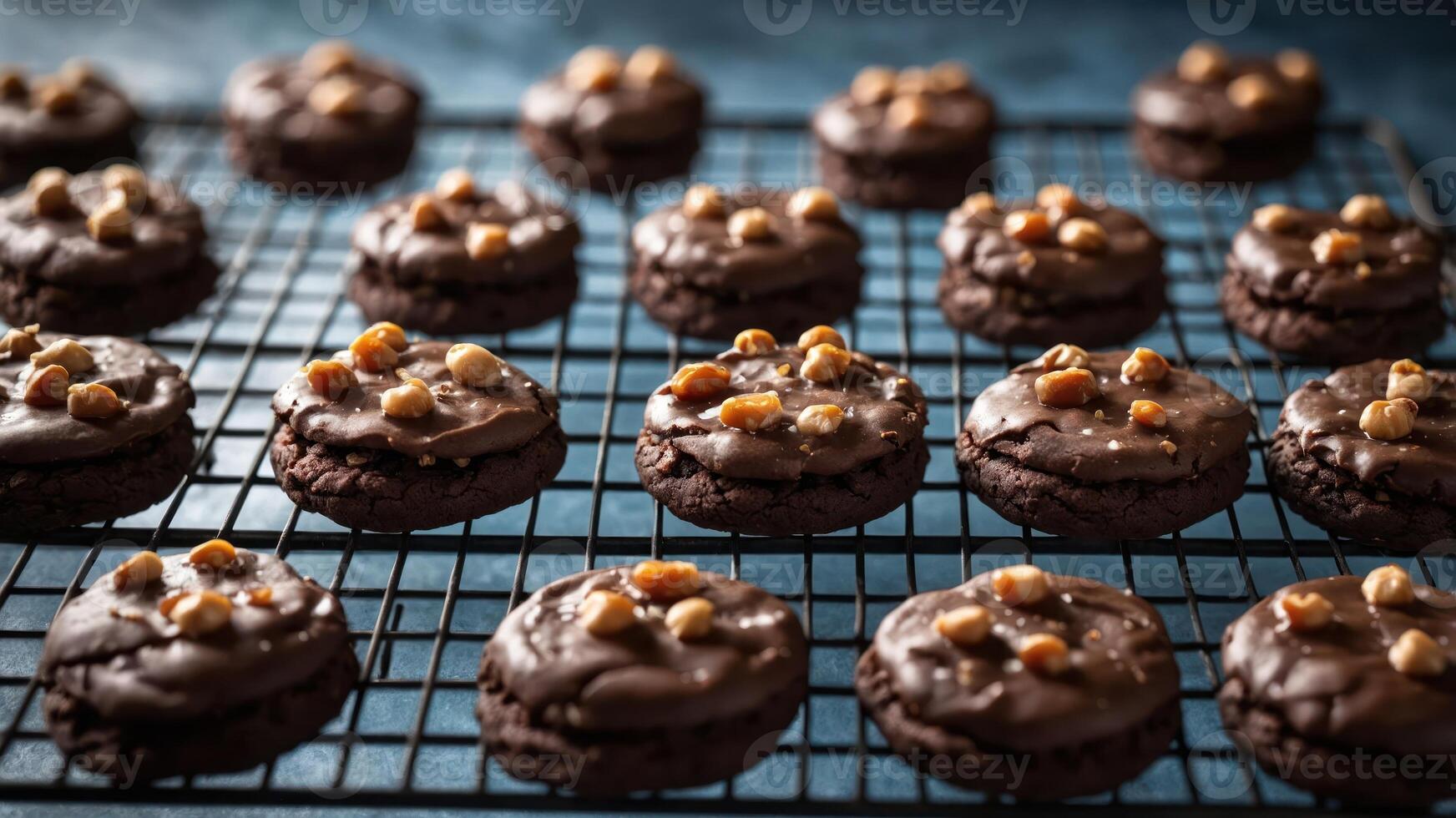 A cooling rack filled with chocolate cookies topped with nuts. photo