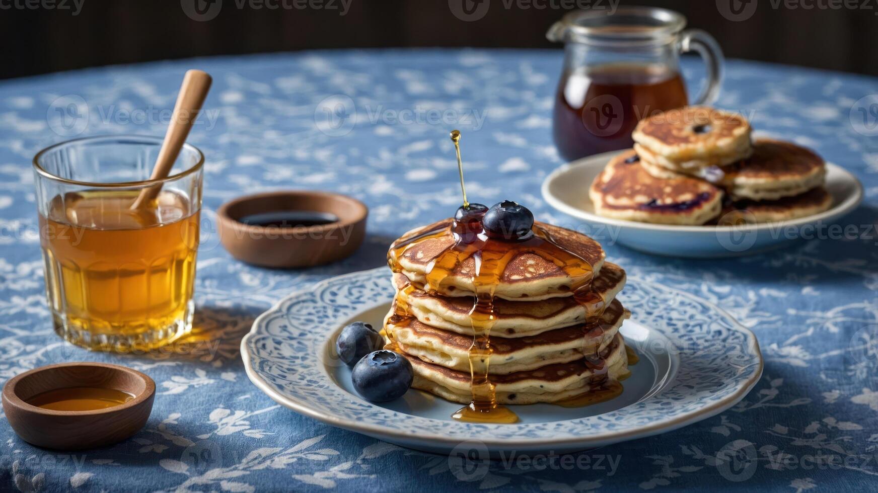 A delicious stack of pancakes drizzled with syrup, served with drinks and berries. photo