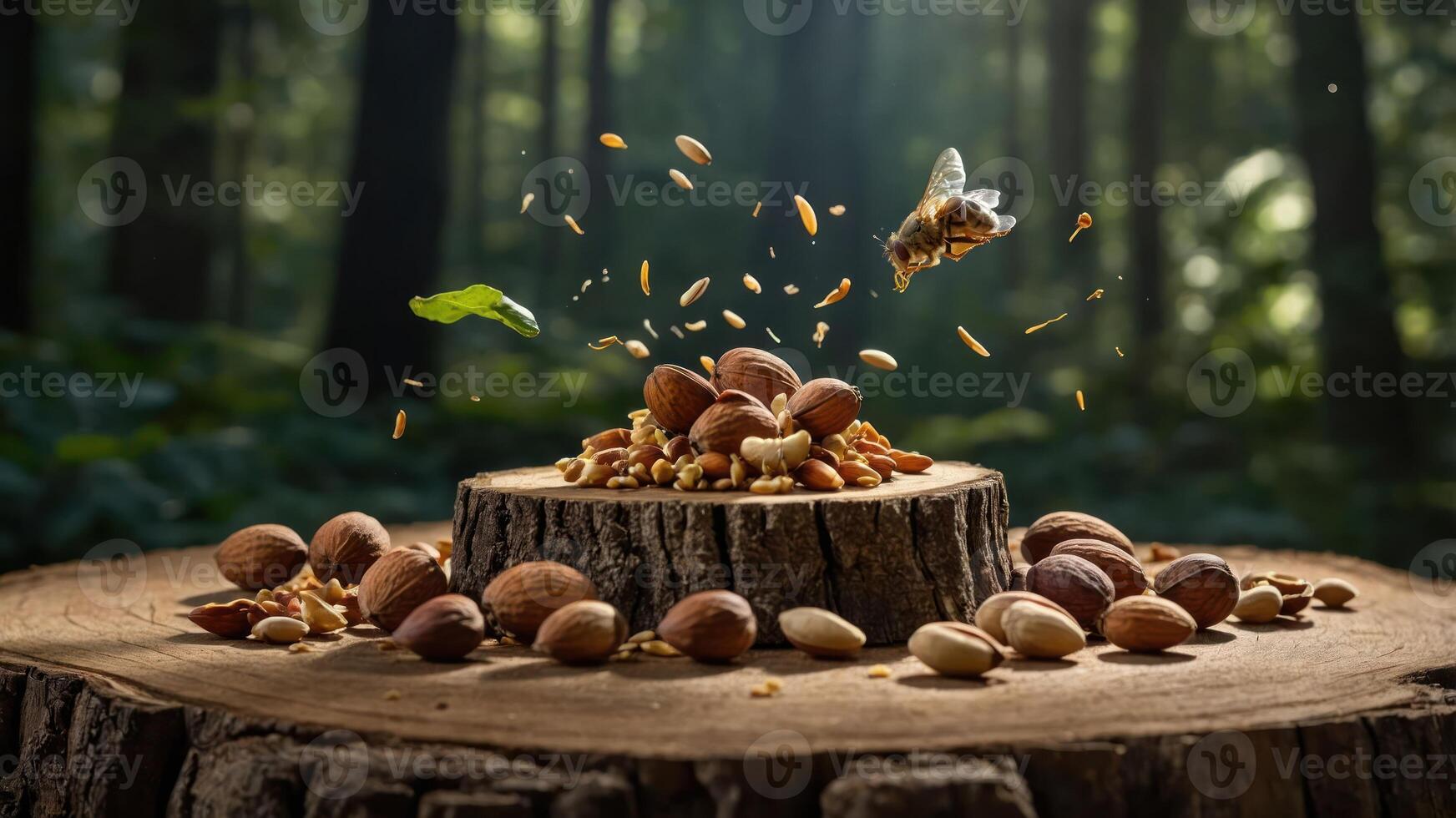 A bee hovers over a variety of nuts arranged on a tree stump in a forest setting. photo