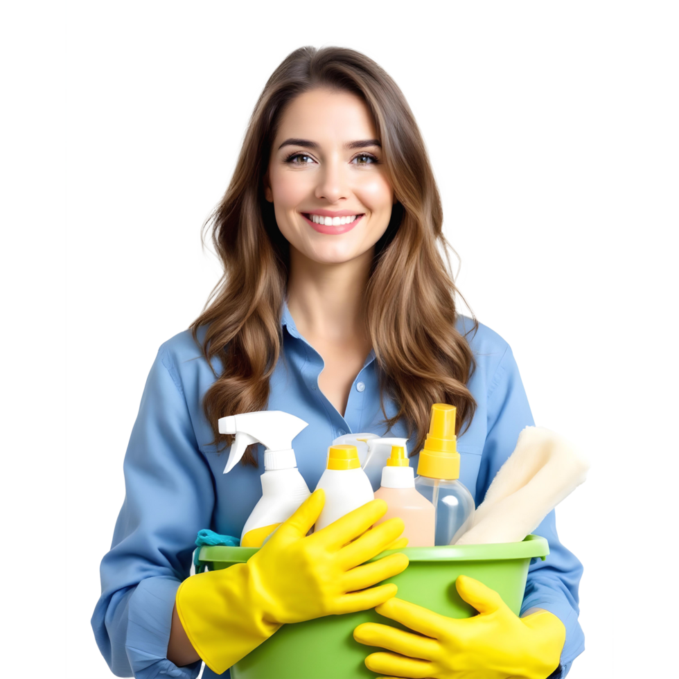 Everything you need to keep your house fresh. an unrecognizable person holding a bucket with cleaning supplies at home. png