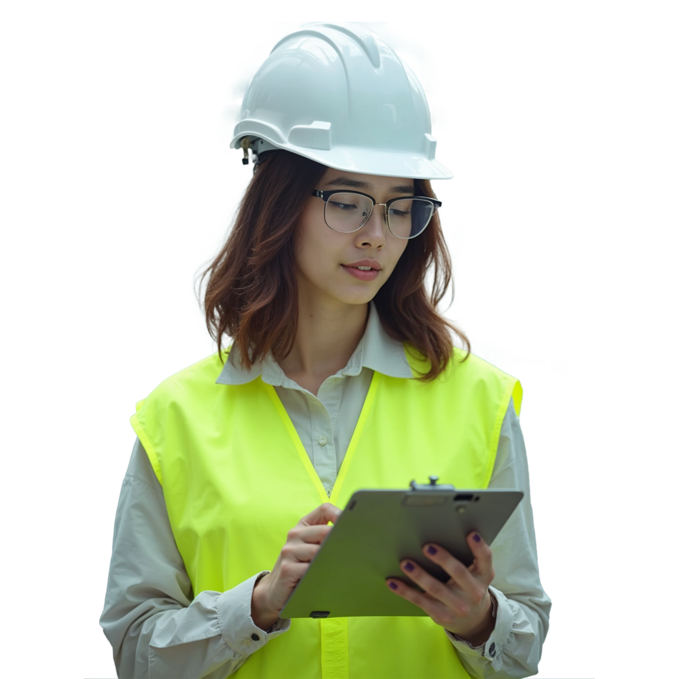 Female construction worker with hard hat using Clipboard while working at construction site png