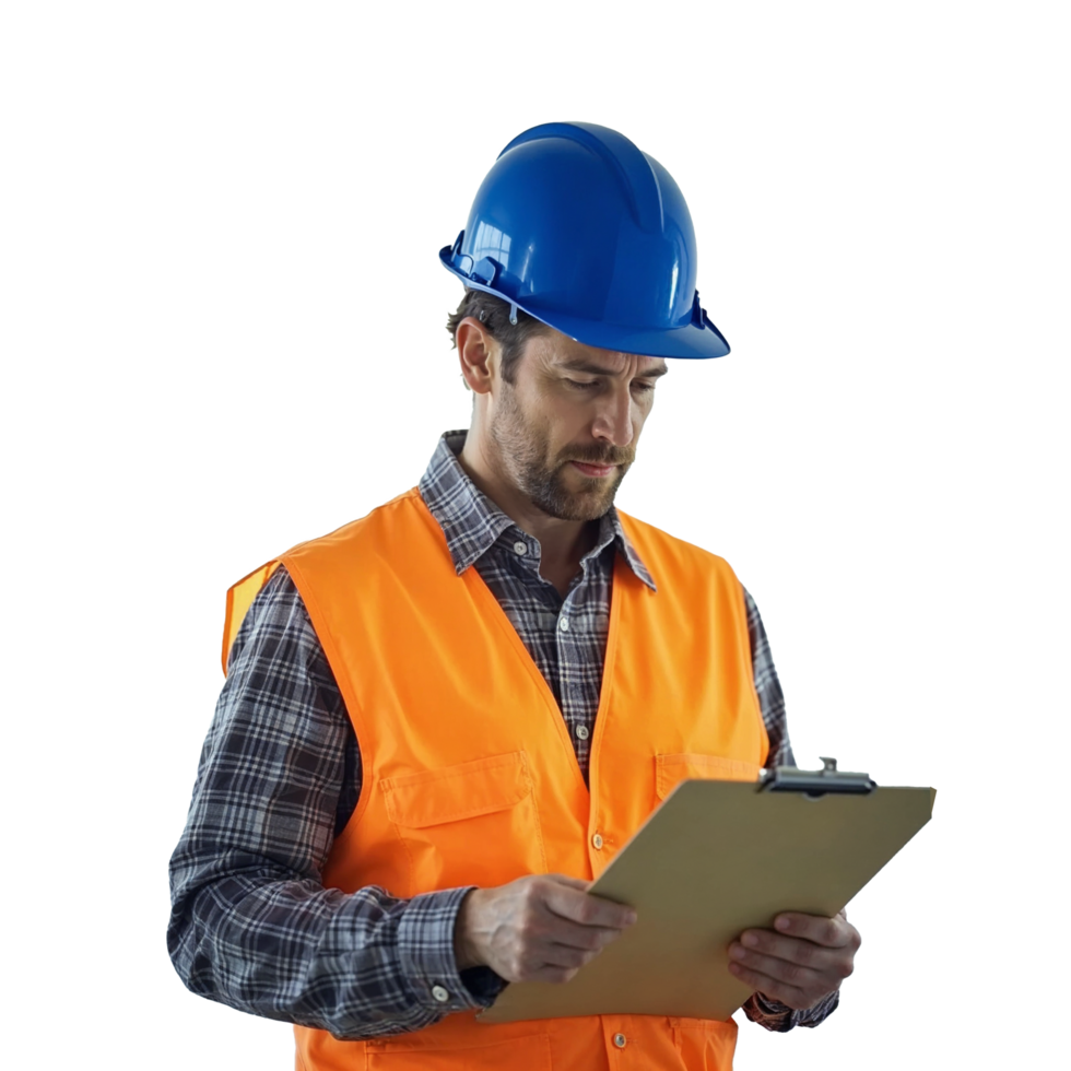 Male construction worker with hard hat using Clipboard png