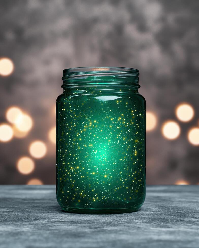 Glowing green jar with sparkling lights photo