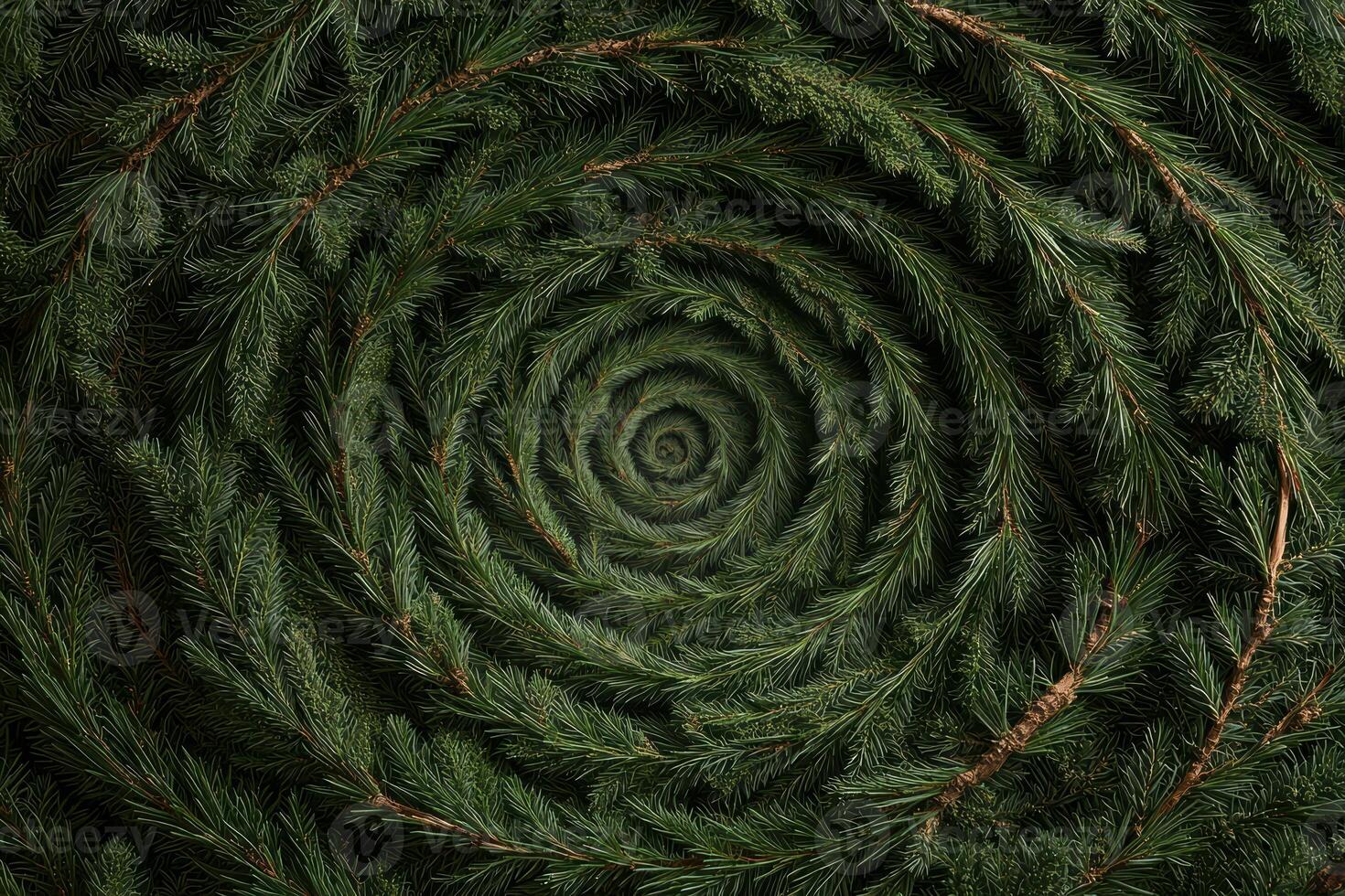 Intricate spiral pattern of pine tree branches photo