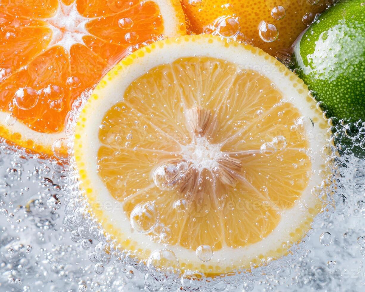 Refreshing citrus fruit slices in sparkling water photo