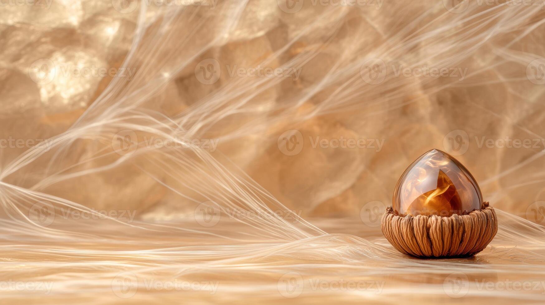 Glowing amber orb in woven nest on feathery background photo
