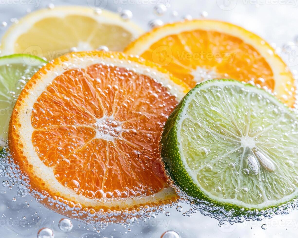 Refreshing citrus fruit slices in water photo