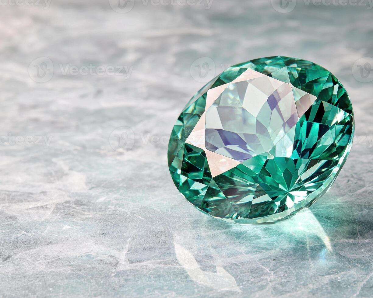 Sparkling green gemstone on a reflective surface photo